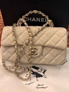 Chanel Mini Flap Bag with Top Handle White Lambskin Gold Hardware